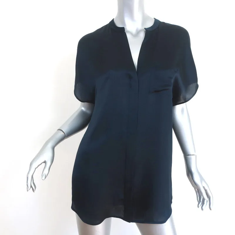 Vince Blouse Satin Popover en Soie Marine Taille Petite Manches Courtes Tunique Top NEUF