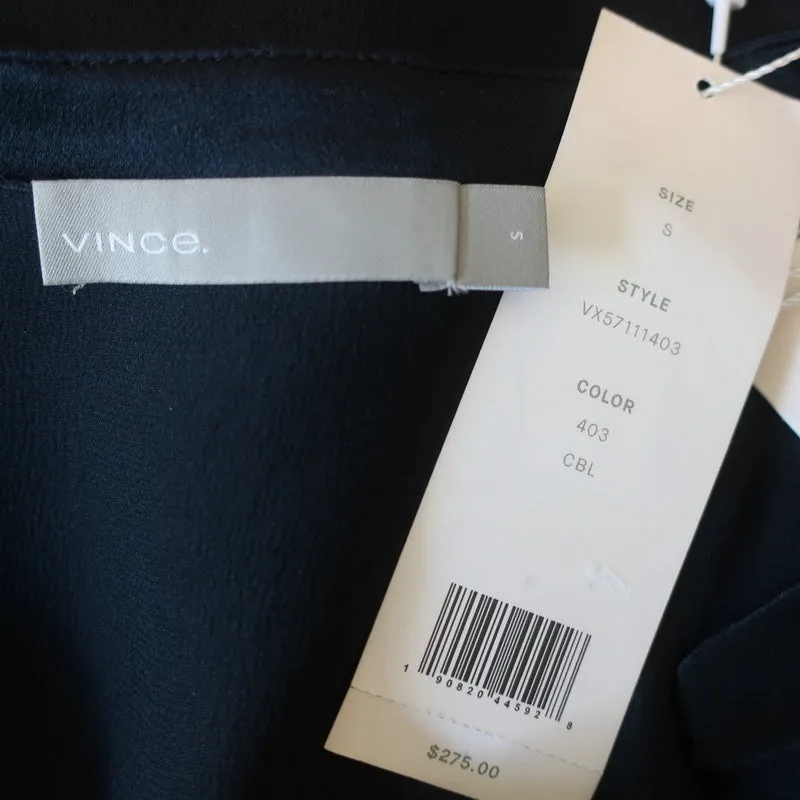 Vince Blouse Satin Popover en Soie Marine Taille Petite Manches Courtes Tunique Top NEUF