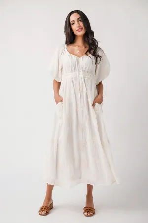 Wishlist Floral Embroidered Puff Sleeve Midi Dress