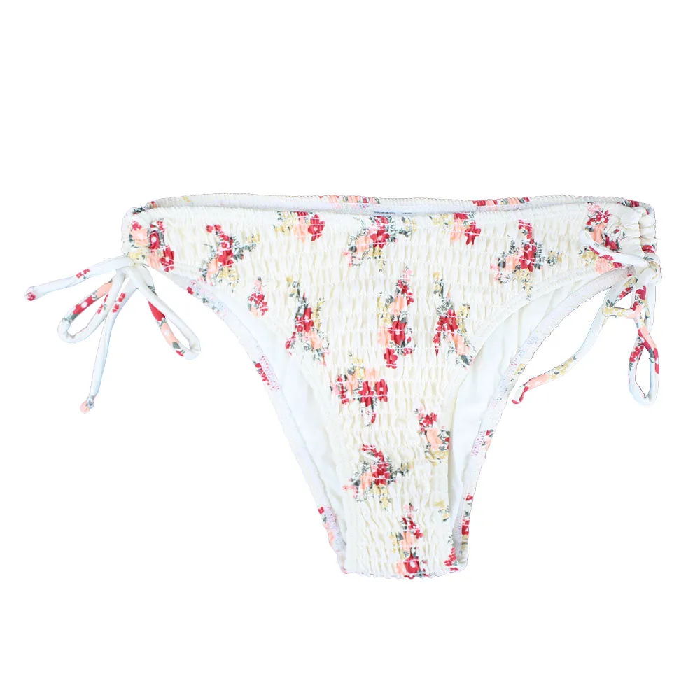 Bas de bikini à smocks floraux et liens latéraux pour femme, Beige