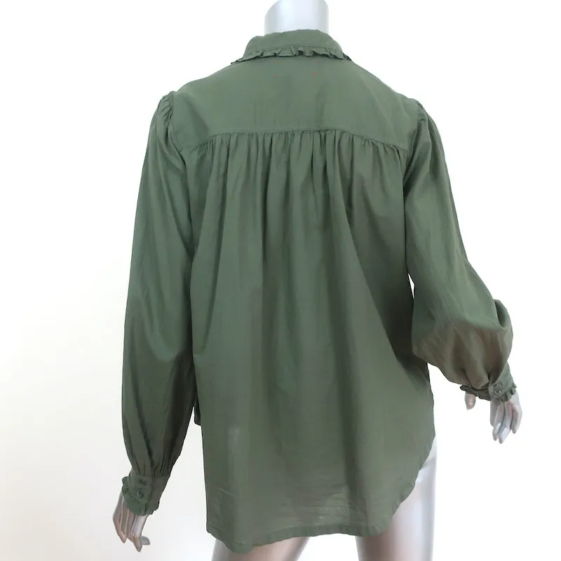 Xirena Chemise Hale Vert Sauge Foncé Volanté en Coton Taille Extra Petit Haut à Manches Longues NEUF