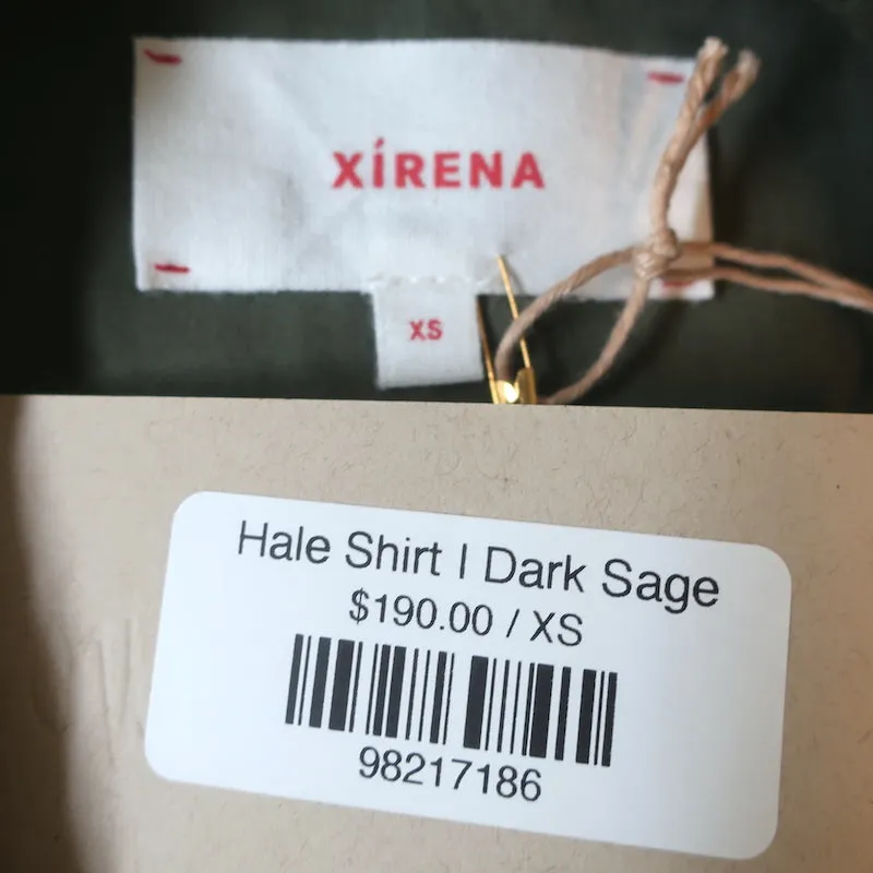 Xirena Chemise Hale Vert Sauge Foncé Volanté en Coton Taille Extra Petit Haut à Manches Longues NEUF