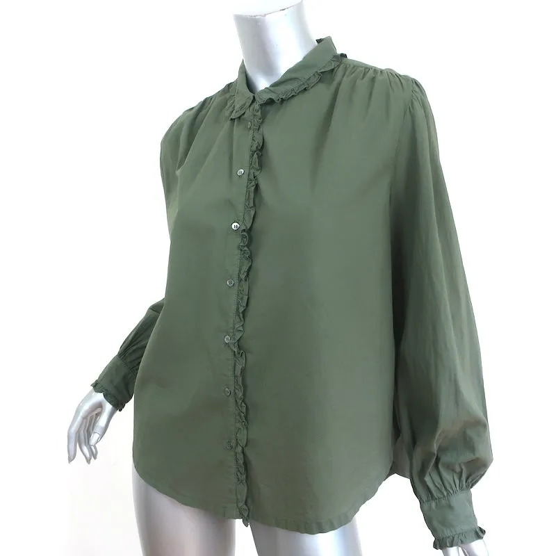 Xirena Chemise Hale Vert Sauge Foncé Volanté en Coton Taille Extra Petit Haut à Manches Longues NEUF
