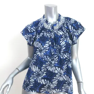 Xirena Top Sumer Blue Batik Print Cotton Size Small Flutter Sleeve Blouse