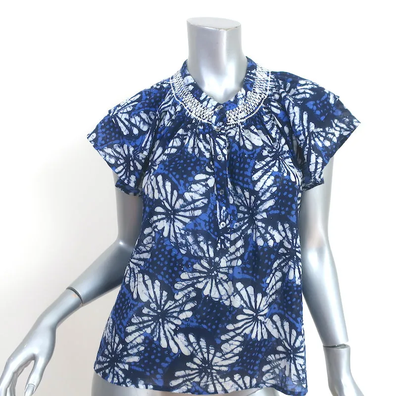 Xirena Haut Été Bleu Batik Imprimé Coton Taille Petite Blouse à Manches Papillon