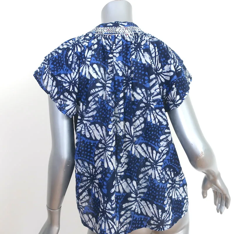 Xirena Haut Été Bleu Batik Imprimé Coton Taille Petite Blouse à Manches Papillon