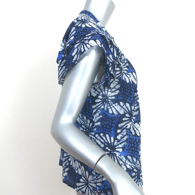 Xirena Haut Été Bleu Batik Imprimé Coton Taille Petite Blouse à Manches Papillon
