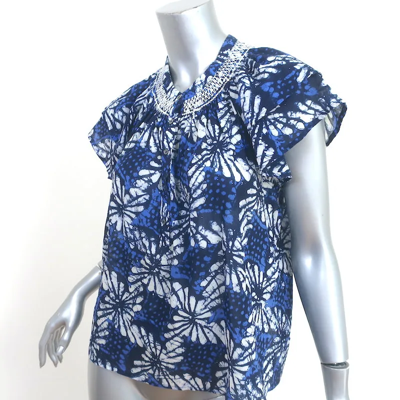 Xirena Haut Été Bleu Batik Imprimé Coton Taille Petite Blouse à Manches Papillon
