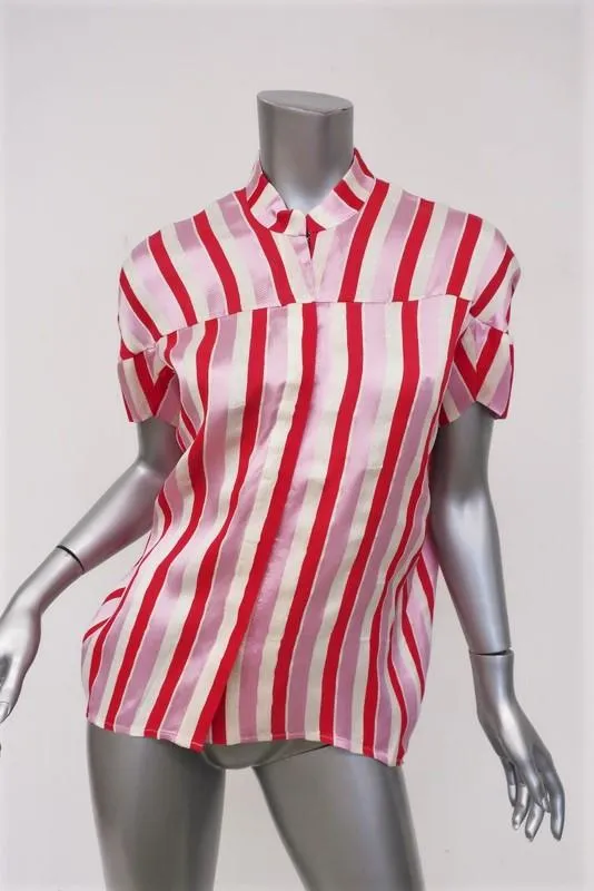 Zero   Maria Cornejo Blouse Concave Rayée Rose Taille 0 Haut à Manches Courtes
