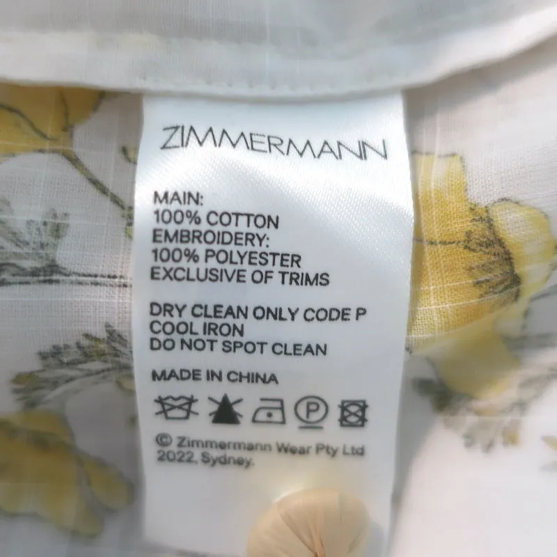Zimmermann Jeannie Blouse à manches ballon festonnées Imprimé floral blanc en coton Taille 2
