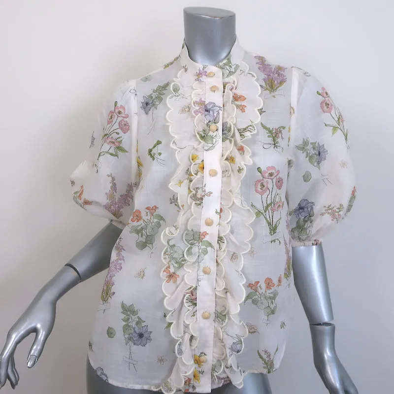 Zimmermann Jeannie Blouse à manches ballon festonnées Imprimé floral blanc en coton Taille 2