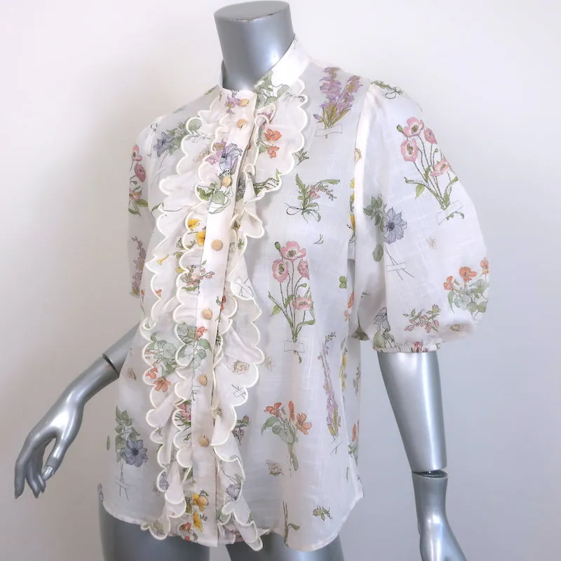 Zimmermann Jeannie Blouse à manches ballon festonnées Imprimé floral blanc en coton Taille 2