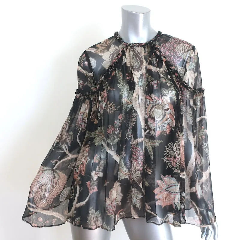 Zimmermann Haut à tresses somptueux imprimé floral noir en mousseline taille 1 blouse à manches cloche