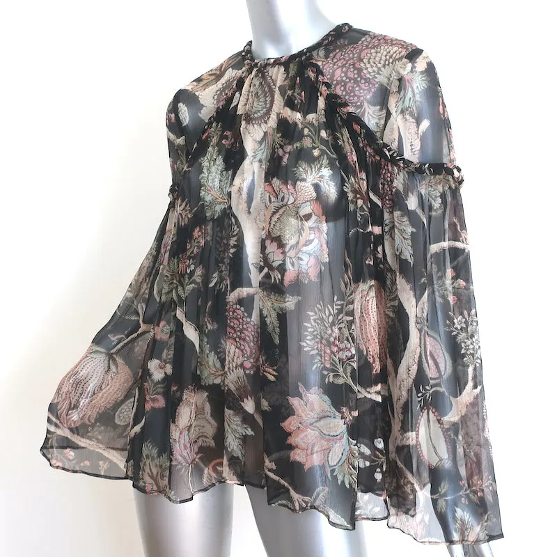 Zimmermann Haut à tresses somptueux imprimé floral noir en mousseline taille 1 blouse à manches cloche