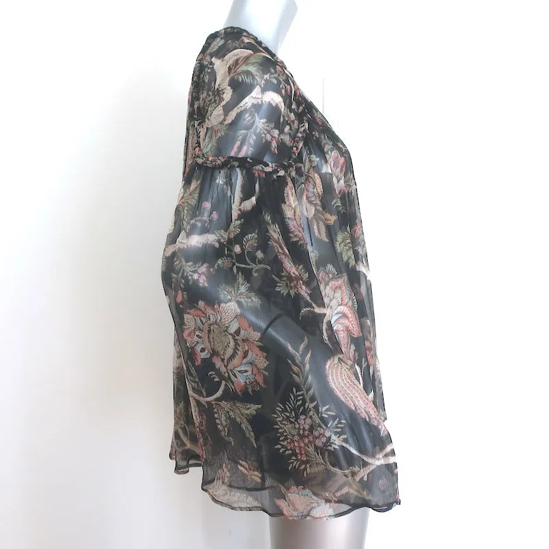 Zimmermann Haut à tresses somptueux imprimé floral noir en mousseline taille 1 blouse à manches cloche