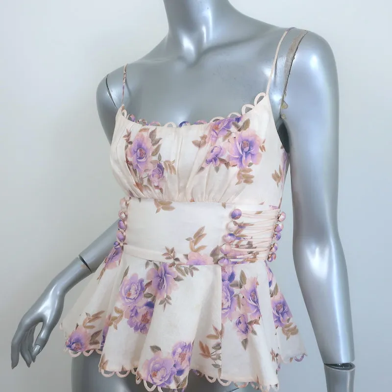 Zimmermann Rosa Haut à bretelles à péplum dentelé Crème Imprimé floral Lin Taille 0