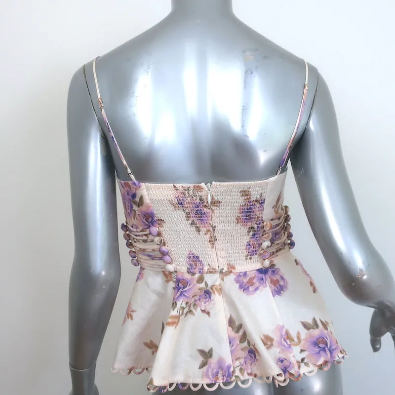 Zimmermann Rosa Haut à bretelles à péplum dentelé Crème Imprimé floral Lin Taille 0